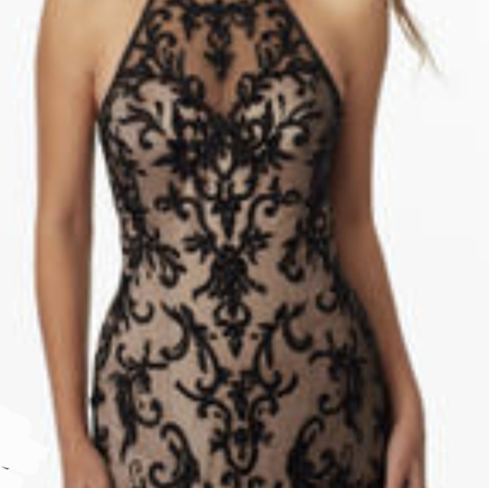 Jolene  Halter Black Lace midi fitted dress with intricate beading Size XSmall